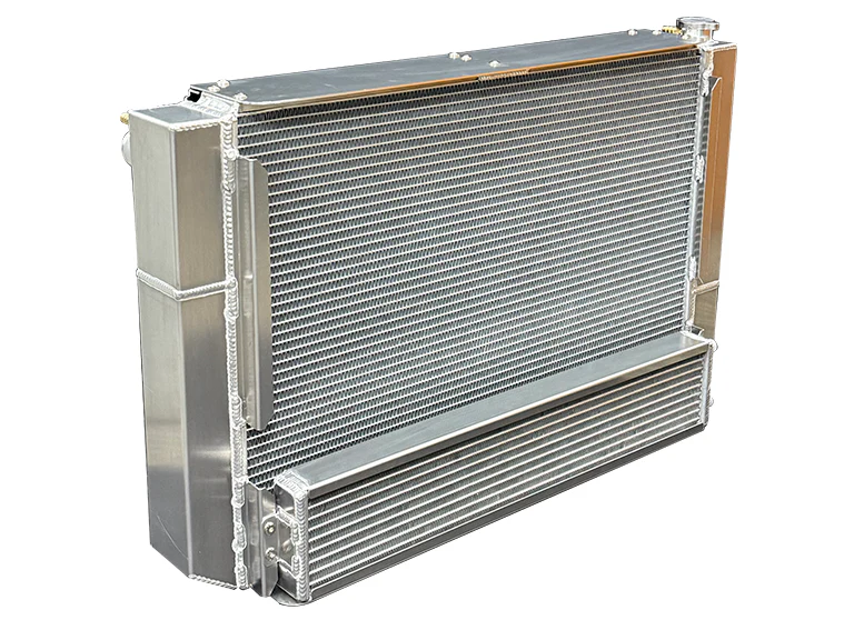 1962-1969 Lincoln Continental, Ford Coyote Swap, Polished Radiator, 4-Row, with external Trans cooler, 6 AN, direct fit AC Condenser mounts, Shroud, dual 12'' Fans, ORB, Inlet and outlet.