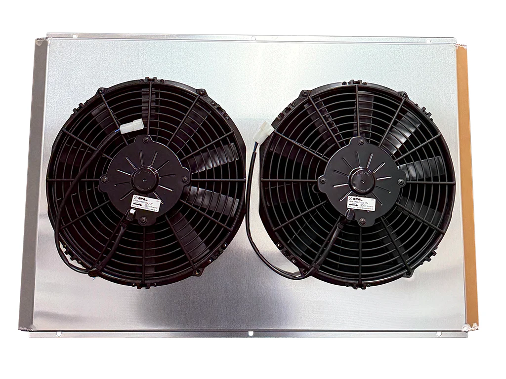 Fan shroud, alum, with 12volt fan,Dual, fits, RGM.3R3429.A,RGM.2r3419.A, RGM.4R3419.A, Fluidyne radiators,Width 29'', Height 17.875'' Depth 3.5'', Also universal fit.