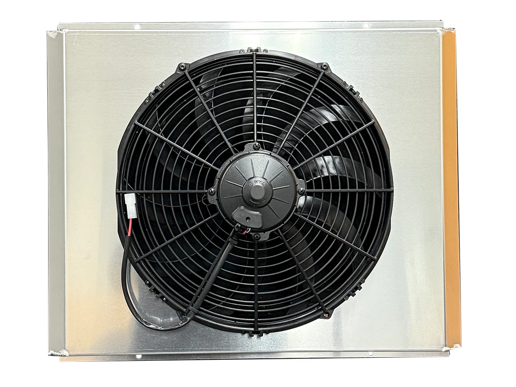 Fan shroud, alum, with 12volt fan,single, fits, RGM.3R3019.A,RGM.4R3019.A,RGM.3R2819.LS,RGM.2R2819.A, Fluidyne radiators, Width 23.5'', Height 18.25'', Depth 4.75'', Also universal fit.