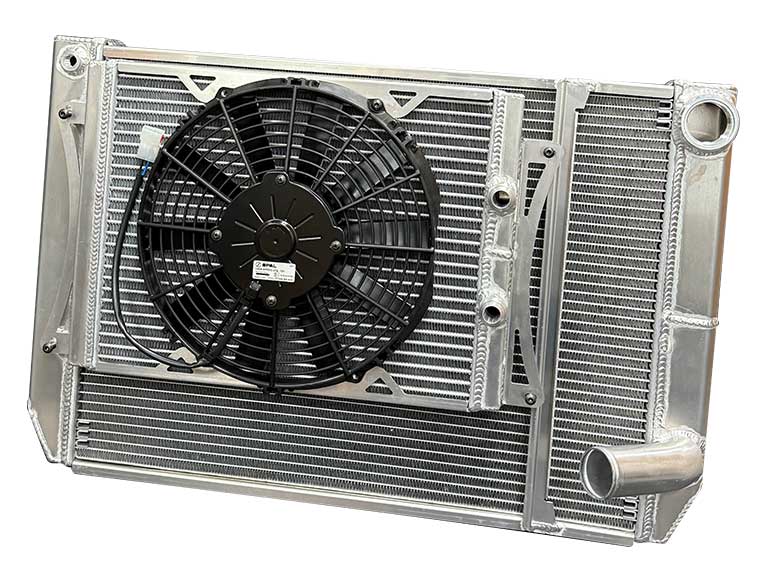 Super Late Model Dual Pass 3Row Aluminum Radiator, Ford, Triple Pass, -20 ORB female upper, new design, Closed, with Oil cooler and 11'' fan