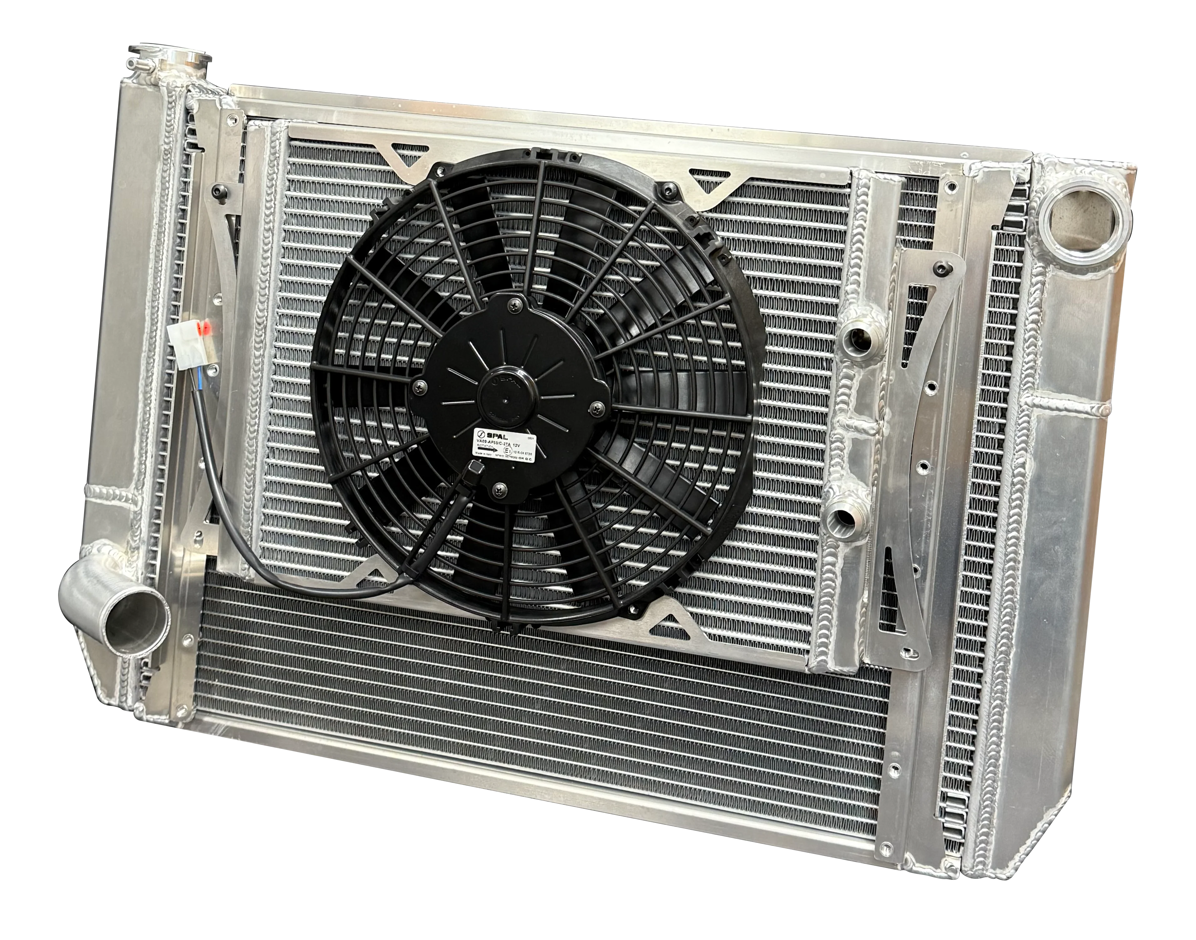Super Late Model Dual Pass 3Row Aluminum Radiator, Ford, with filler neck. -20 ORB female upper, new design, Open, with oil cooler and 11'' fan.